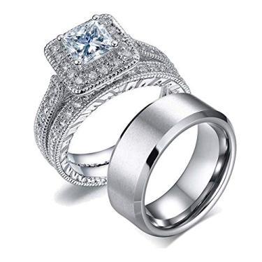 Imagem de LOVERSRING Conjunto de alianças de casamento masculinas de aço inoxidável AAA com enchimento de ouro branco 10 k para ele e para ela, women's size 6 & men's size 9, Papel, Ágata