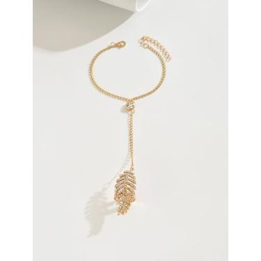 Imagem de Pulseira de corrente de mão de folha de cristal Monstera com anel dourado corrente de dedo tropical brilhante