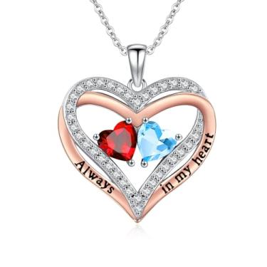 Imagem de Colar de coração feminino, banhado a ouro rosa 14K, pingente de coração duplo sobreposto, presente de aniversário de aniversário para esposa, mãe e filha, joia com pedra de nascimento duplo com