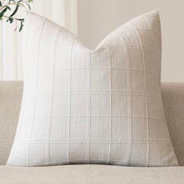 Imagem de Foindtower Conjunto de 1 capa de almofada decorativa xadrez de linho neutra fazenda vintage capa de almofada moderna boho decoração de casa para sofá cadeira sofá quarto sala de estar, 40,6 × 40,6 cm