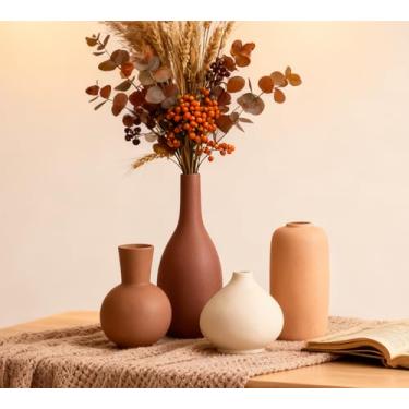 Imagem de Vaso de cerâmica para decoração de casa, conjunto de 4 vasos de flores pequenas, decoração de sala de estar, estante, quarto, escritório, cozinha, mesa de jantar, casa de fazenda moderna