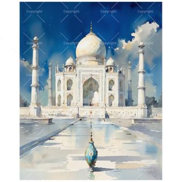 Imagem de Kit de pintura indiana por números para adultos - Taj Mahal DIY com pintura reflexiva de piscina em tela, conjunto de tinta acrílica para iniciantes, arte para decoração de casa ou presentes