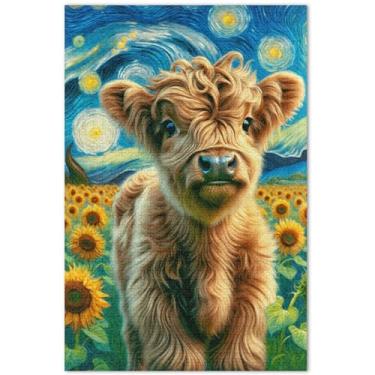 Imagem de Quebra-cabeça Noite Estrelada Girassol Vaca Highland 500 Peças para Adultos Engraçado Personalizado Exclusivo Cenário Paisagem Artística, 50 x 14,9 polegadas