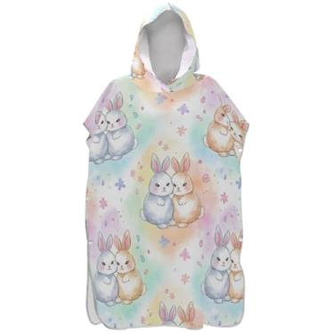 Imagem de Joisal Roupão para adultos poncho de surfe toalha de banho com capuz absorvente para mulheres aquarela coelho pastel
