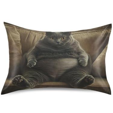 Imagem de Capas de almofada engraçadas de cetim para sofá de gato gordo para relaxar capas de travesseiro padrão king queen capas de travesseiro divertidas para cama macia, tamanho Queen, 76 cm x 50 cm