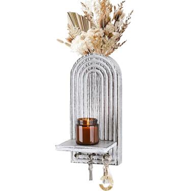 Imagem de Organizador de parede de madeira 3 em 1 – vaso para vaso + arandelas + ganchos – decoração de casa de fazenda boho arte de parede para plantas de interior flor seca de eucalipto artificial para sala