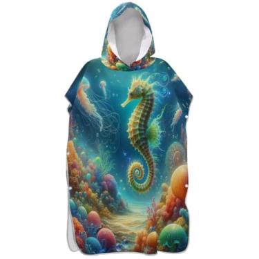 Imagem de Joisal Poncho de surfe para adultos trocador de roupas de banho de praia com capuz reutilizáveis poncho masculino com capuz cavalo marinho água-viva fofo