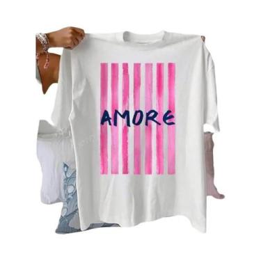 Imagem de Camiseta Casual Feminina De Algodão Listrada Com Decote Redondo E Mang