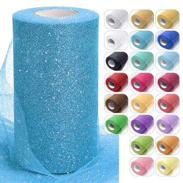 Imagem de Rolos de tecido de tule com glitter turquesa, 15,8 cm x 50 m, fita de carretel cintilante, rede de lantejoulas para decoração de tutu faça você mesmo, decoração de casamento, chá de bebê, festa de