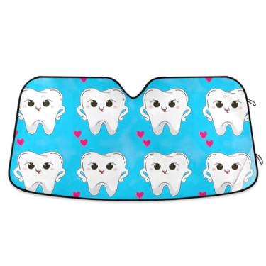 Imagem de Toldo de sol azul claro com dentes de desenho fofo para para-brisa de carro impressão dobrável personalizada engraçada capa de para-brisa automotiva protetor solar retrátil L, 144,8 cm x 80 cm