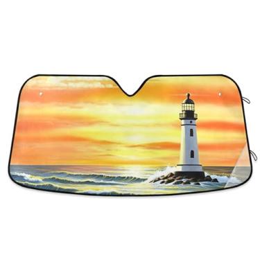 Imagem de Pintura farol oceano laranja carro para-sol para-brisa personalizado retrátil caminhão protetor solar para para-brisa dianteiro de carro S, 134,6 cm x 59,7 cm