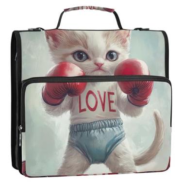 Imagem de Organizador de fichário com zíper de gatinho fofo de arte digital, 3 cm, 3 anéis, bolsa resistente para fichários escolares com alça de ombro, pasta de armazenamento com alça de ombro com alça