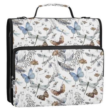 Imagem de Organizador de fichário de borboletas brancas com zíper de 3 cm, 3 anéis, bolsa resistente para fichários escolares com alça de ombro, estojo de armazenamento com alça de ombro com alça