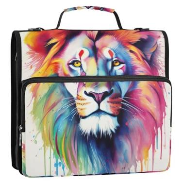 Imagem de Fichários em aquarela com 3 anéis de leão arco-íris de 3 cm D fichário organizador com zíper com alça bolsa escolar portfólio e estojo suporte de pasta de anel