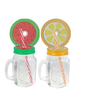 Imagem de 2 Copo Caneca Pote de Vidro Ice Cold 450ml com Tampa e Canudo Ideal para Bebidas Geladas, Ideal para Bebidas Geladas Brasileiras(2 CANECA)