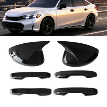 Imagem de AUCERAMIC 2 peças de capas de espelho de chifre de boi retrovisor preto brilhante para porta esportiva externa + 4 peças de capas de maçaneta para Honda Civic LX Sport EX Si Sedan, LX EX-L Sport