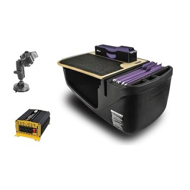 Imagem de AutoExec Mesa de carro Efficiency FileMaster para sua estação de trabalho de veículos e escritório móvel, bétula, com inversor de potência de 400 watts e suporte de telefone com sucção