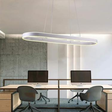 Imagem de Lustres de LED para mesas de jantar, escritórios amplos e salas de conferência, lustres de estúdio, balcões de bar ovais, lustres retangulares luxuosos com anéis brilhantes (branco, 120 cm)