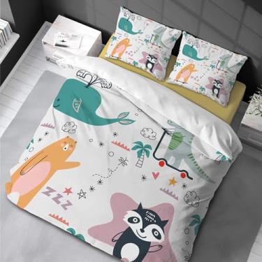 Imagem de Jogo de capa de edredom fofo urso dinossauro baleia estampa de desenho animado meninas roupa de cama botânica animal capa quarto 220 x 240 cm -80 x 80 cm x 2