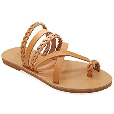 Imagem de Emmanuela Sandálias estilo grego com peças trançadas, sandálias rasteiras de couro feitas à mão de qualidade, sapatos de verão para mulheres, sandálias deslizantes boho chiques, Bege, 36