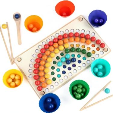 Imagem de Montessori Brinquedo Educativo de Madeira, Jogo de Classificação de Cores com Contas Arco-íris, Pinças e Copos Coloridos, Desenvolvimento de Habilidades Motoras para Crianças
