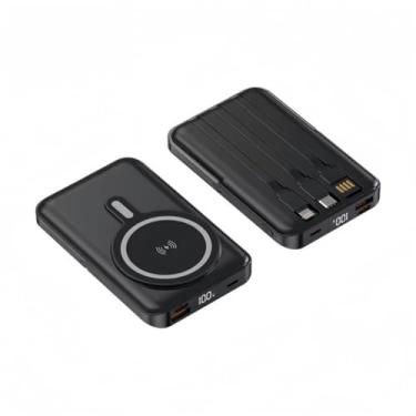 Imagem de ANJ.GG Power Bank Magnético, 3 Cabos Embutidos (Type-C, Lightning, Micro USB), para Smartphones, Preto, 10000mAh, Carregamento Rápido 22.5W, Suporte Dobrável