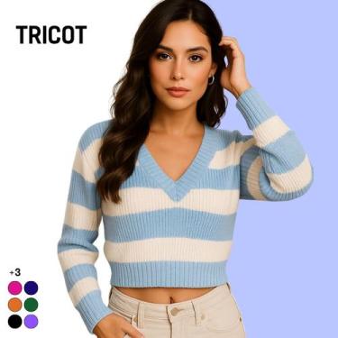 Imagem de Blusa Feminina Tricot Manga Longa Gola V Listrada Casual - Vitrine Col