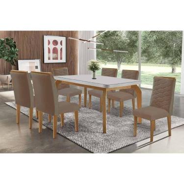 Imagem de Sala Jantar Mesa Londrina Tampo c/ Vidro Curvo 180cm+6 Cadeiras Maldivas Madeira Naturale/Off White - Capuccino/Corano Capuccino - Rufato