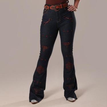 Imagem de Calça Jeans Azul Feminina Flare Intense Bordada Moda Country Sessions 