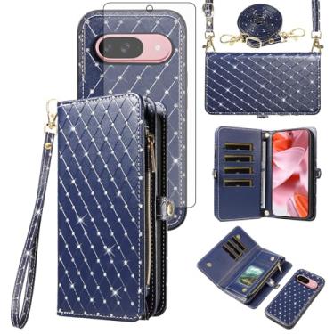 Imagem de Capa de celular para Google Pixel 9/9 Pro 5G com zíper carteira destacável com protetor de tela de vidro temperado alça transversal com glitter flip porta-cartões slot Pixel9 9Pro Nove mulheres