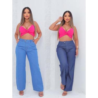 Imagem de Calça Pantalona Jeans Feminina Social Cintura Alta Com bolso na frente
