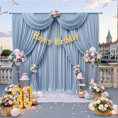 Imagem de Cortinas de fundo azul empoeirado sem rugas de 3 m x 9 m para festas, 6 painéis de 1,5 m x 3 m, cortinas de fundo de poliéster azul empoeirado, decorações de pano de fundo para casamento, aniversário