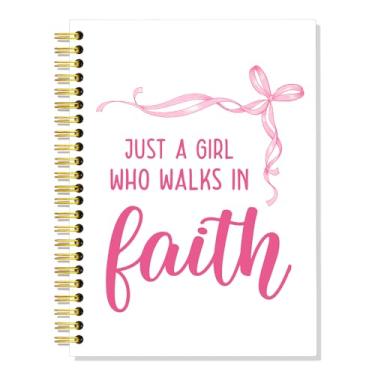 Imagem de SRWNFOS Caderno espiral forrado Just A Girl Who Walks In Faith, caderno religioso de capa dura com 160 páginas engraçadas para mulheres, diário de fé com laço rosa, presentes de escritório religiosos