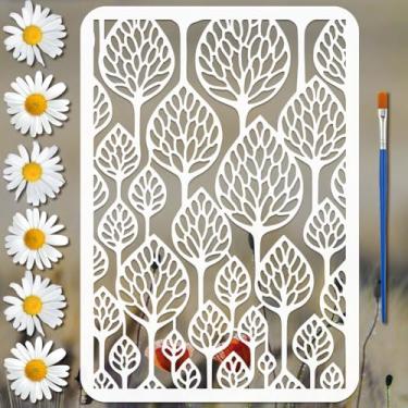 Imagem de FINGERINSPIRE Estêncil de textura de botão de árvore com 1 pincel 21 x 29,7 cm, estêncil de folhas ocas, modelo de textura de folha, modelo de tema de planta para pintura em móveis de parede de