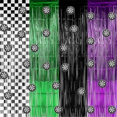 Imagem de Norme 4 peças de decoração de festa de carro de corrida de caminhão, roxo, verde, preto, xadrez, folha, franja, pano de fundo e cartão de roda de carro de corrida, pano de fundo para fotos de