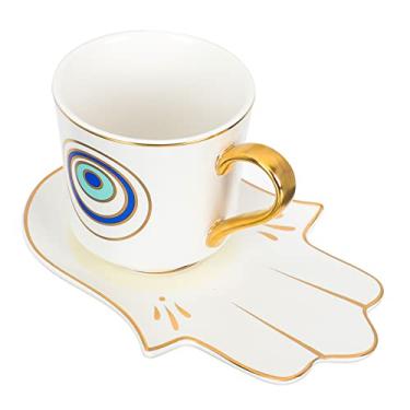 Imagem de Conjunto de xícaras de café para chá malvado: caneca de café de cerâmica turca árabe xícara de chá grega com pires de mão hamsa para bebidas de cappuccino café com leite xícaras de café expresso azul