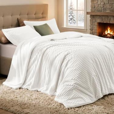 Imagem de Quataly Conjunto de edredom fofo, tamanho Queen grande, 3 peças – Conjunto de edredom macio e felpudo branco brilhante para o inverno, 1 edredom alternativo de luxo de pele sintética com 2 fronhas