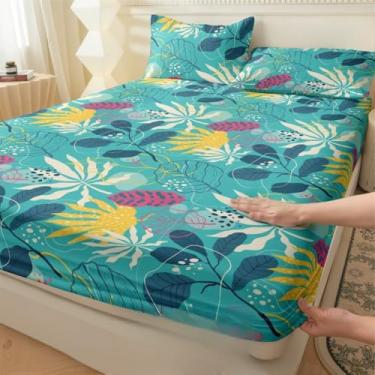 Imagem de Jogo de Lençol Listras Preto e Branco 3 Peças Percal Estampado Solteiro/Casal/Queen(Tropical Azul,Casal 03 Peças)