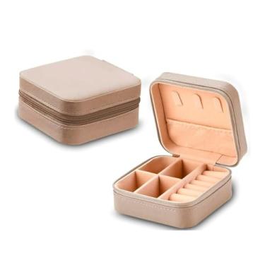 Imagem de Porta Joias Compacto Portátil com Zíper Estojo Organizador de Joias para Viagem Anéis Colares e Brincos (Bege)