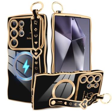 Imagem de Bonoma Capa magnética para Samsung Galaxy S24 Ultra para mulheres e meninas, moldura ondulada com alça fofo coração amor luxuoso chapeamento forma encaracolado capa de proteção de câmera levantada à