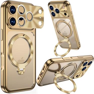 Imagem de JINGANGYU Capa de metal galvanizado para iPhone 17 Pro com anel magnético de metal giratório 360 CD com suporte para Magsafe polido fino transparente com capa de câmera, capa militar de proteção