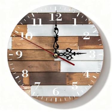 Imagem de Relógio de parede rústico com detalhes de madeira e metal - marrom branco Shiplap silencioso sem tique-taque decoração de casa de fazenda para escritório sala de estar - 19 cm