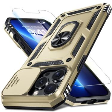 Imagem de Janmitta Capa para iPhone 16 Pro, capa de lente de câmera deslizante embutida + protetor de tela, capa de telefone de corpo inteiro resistente à prova de choque com suporte de anel de dedo, dourado