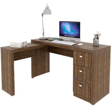 Imagem de Mesa De Canto Para Escritório Em L Angular Com 3 Gavetas Nogal