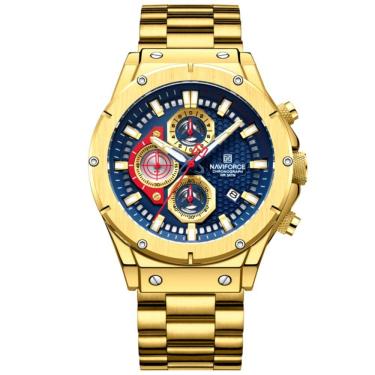 Imagem de Relógio Masculino Quartzo Pulseira De Aço Inoxidável Casual Esportivo Azul Dourado