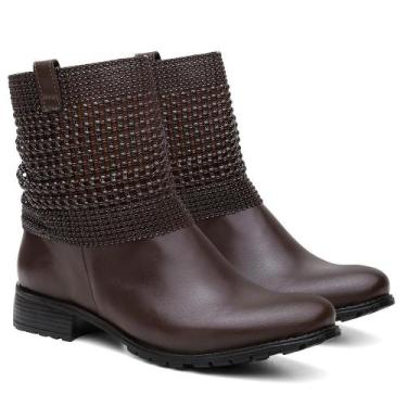 Imagem de Bota Feminina Cano Curto Couro Salto Baixo Malha Metal Preto 39 - Vale