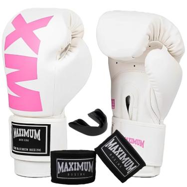 Imagem de Kit Luva Boxe Muay Thai Feminina MXM Branco e Rosa + Bandagem 3m + Protetor Bucal - Maximum Boxing-Feminino