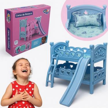 Imagem de Beliche Duplo Cama De Boneca Com Escorregador Berco Infantil Brinquedo Casinha Azul Para Criancas