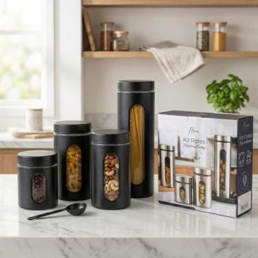 Imagem de Kit 4 Potes Herméticos Vidro Inox Premium Porta Mantimentos Café, Arro