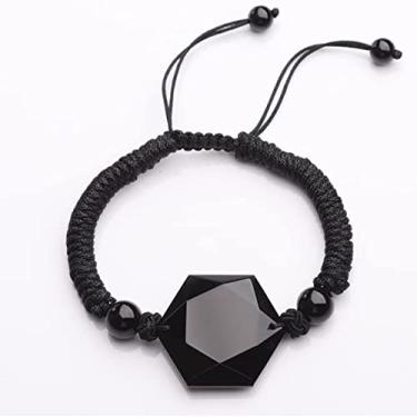 Imagem de Pulseira de pedra de cristal obsidiana natural, pulseira hexagrama preta, corda trançada, pulseira de contas de ioga para homens e mulheres, presente de aniversário SX062